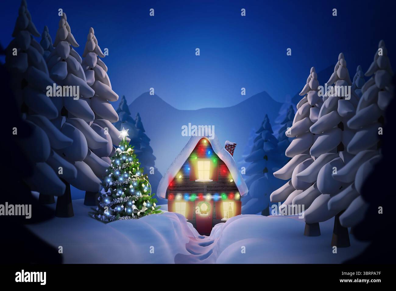 La nuit d'hiver de conception plate montre la cabane enneigée et l'arbre de Noël dans le défrichement de la forêt, avec des lumières Banque D'Images