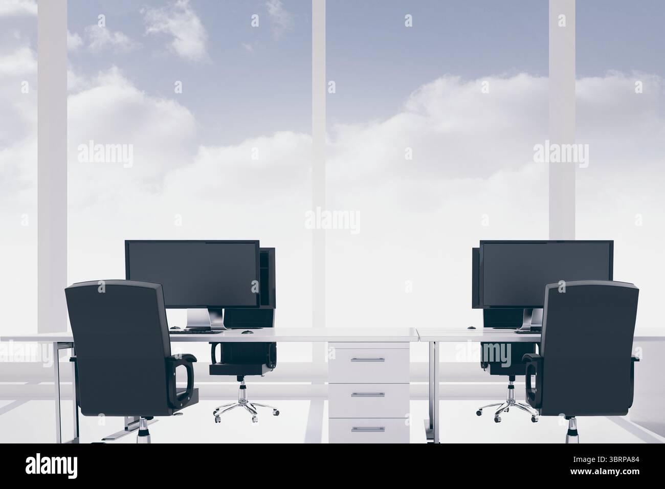 Design plat montrant des postes de travail de bureau avec tiroirs de bureau blancs, chaises noires, moniteurs, fenêtres Banque D'Images