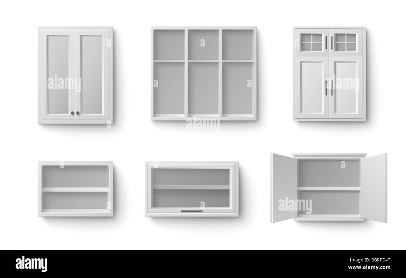 Ensemble d'armoires de cuisine blanches avec portes ouvertes et étagères vides - unités de rangement murales avec panneaux de verre, façades en bois pour l'organisation de la maison moderne, meubles de garde-manger ou armoires de salle de bains à l'intérieur. Illustration de Vecteur