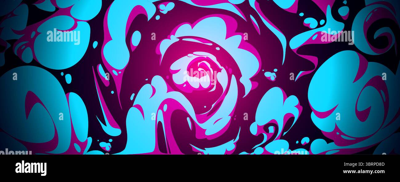Art de nuage de fumée abstrait avec un style comique vibrant - tourbillonnant des formes bleues et roses, des motifs de mouvement fluides sur fond sombre. Les formes de vapeur psychédéliques créent un flux d'énergie dynamique en spirale pour la conception d'anime Illustration de Vecteur