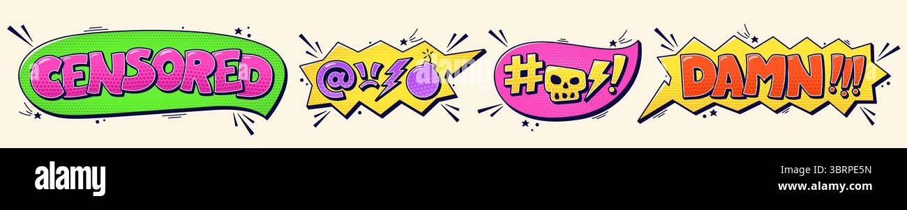 Ensemble de bulles de parole de jurer de couleur avec des mots censurés, putain et petits détails autour. Illustration de Vecteur