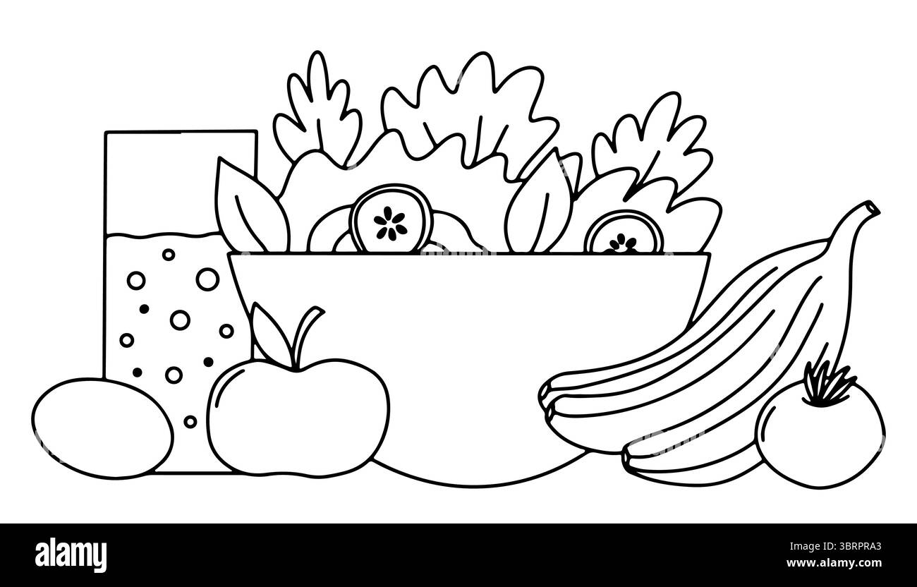 Bol avec croquis vectoriel de salade et de fruits frais Illustration de Vecteur