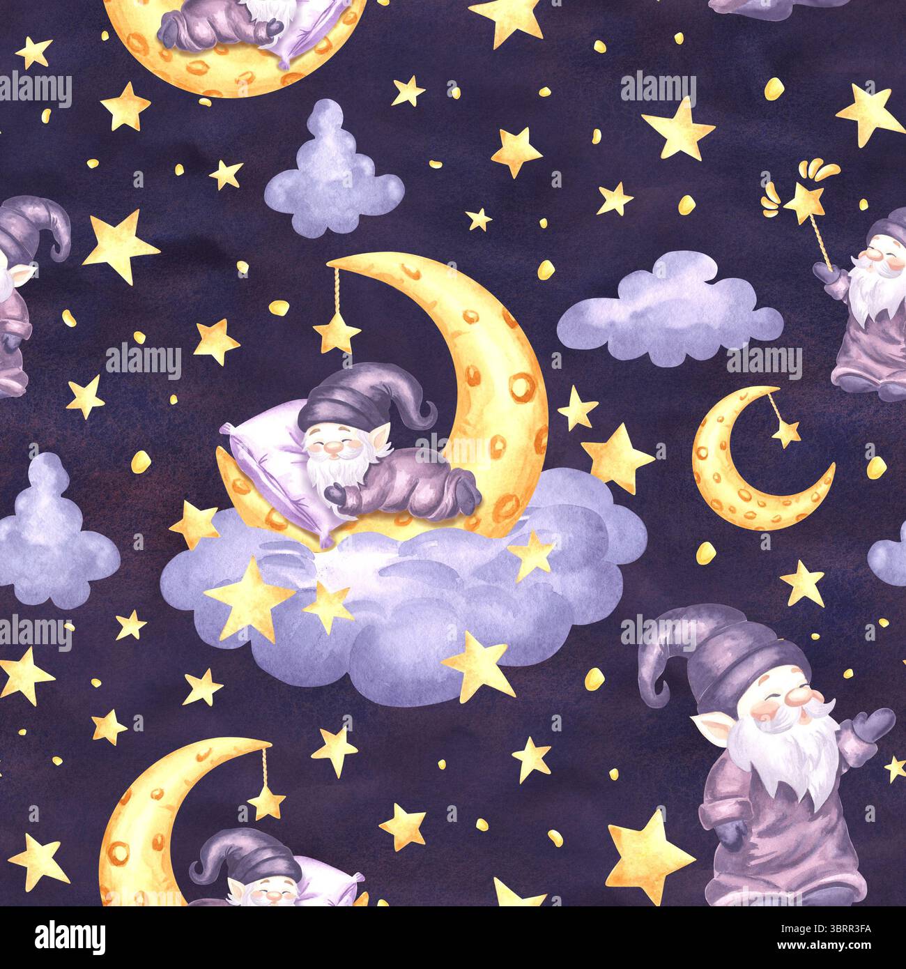 Gnomes mignons dormant sur le croissant de lune dans le nuage avec des étoiles aquarelle motif sans couture pour la conception des enfants. Elfs d'illustration dessinés à la main de rêves de fées Banque D'Images