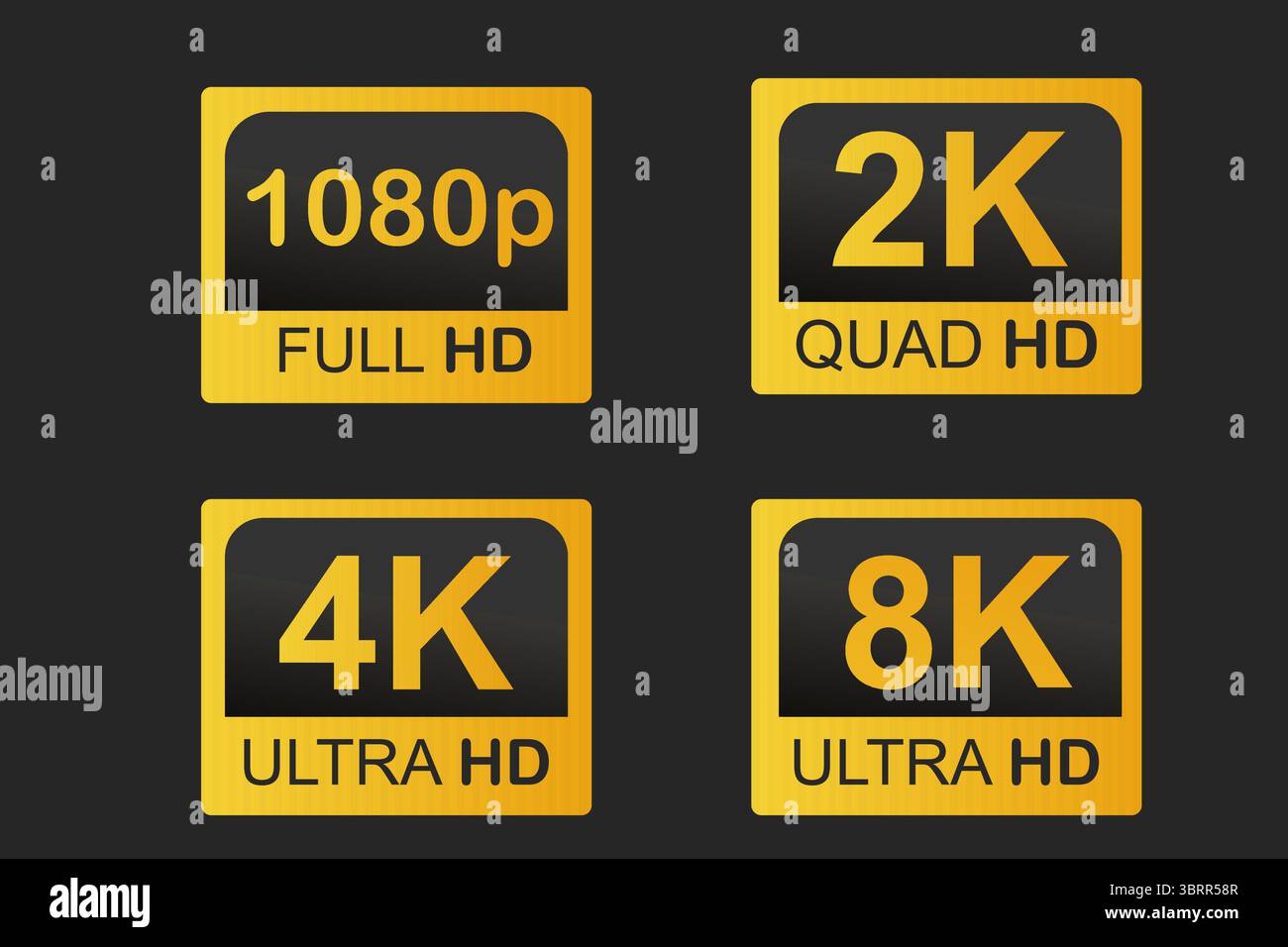 Résolutions vidéo Full ultra Quad HD, icône de badge de qualité vidéo. Résolution vidéo définie. Illustration vectorielle Illustration de Vecteur