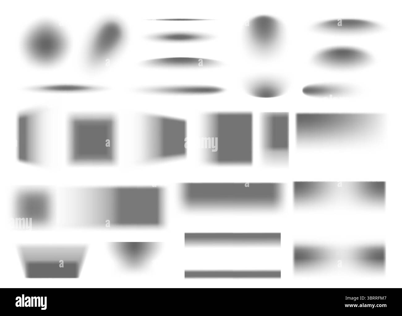 Effet ombre portée. Formes réalistes d'ombre de sol gris doux transparent, rectangulaires et arrondies. Nuances de dégradé carrées et rectangulaires, rondes et ovales. Ensemble isolé de vecteur. Illustration de Vecteur