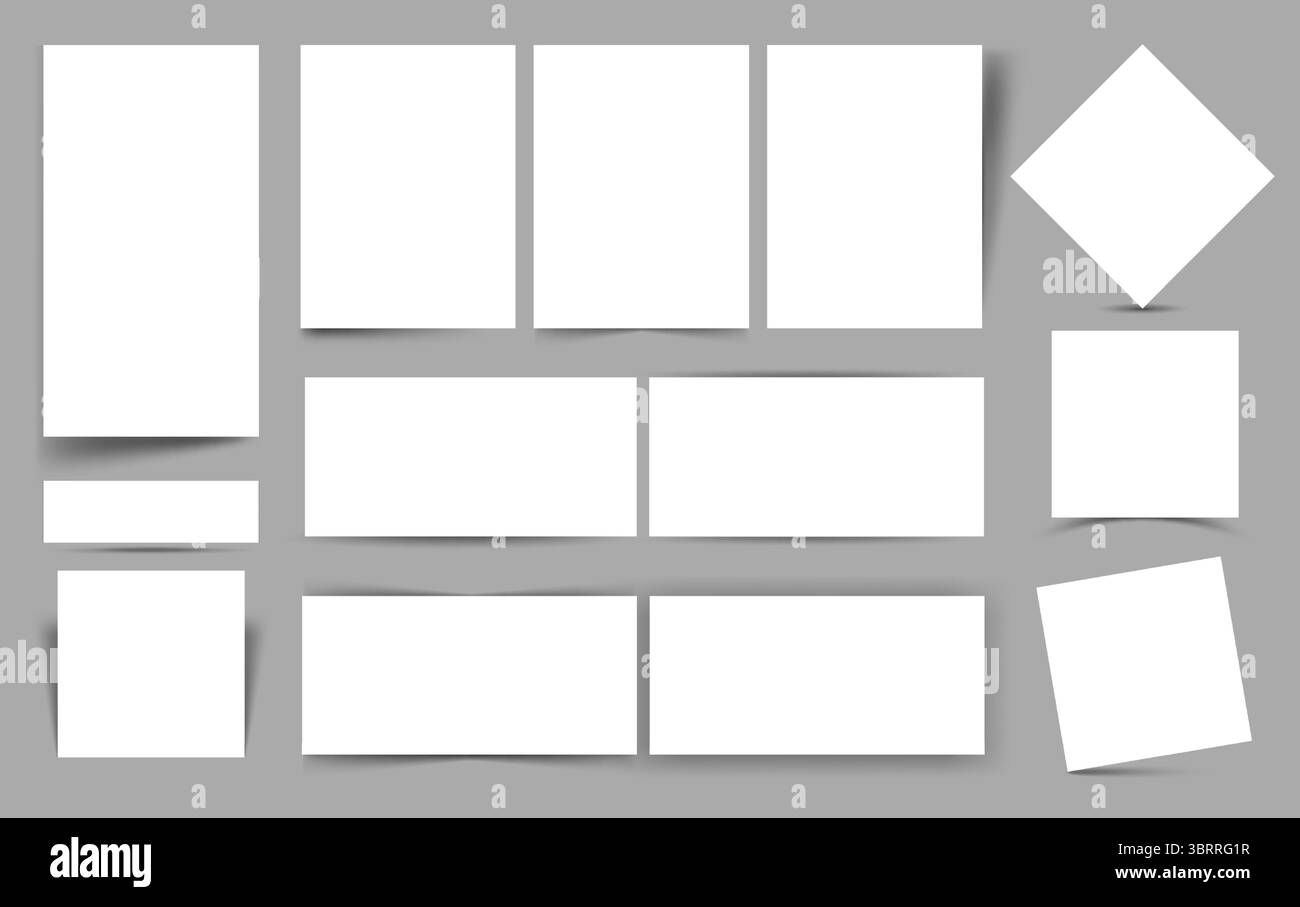Ombres en papier. Modèle de cadre carré de boîte d'ombre. Bordure de page rectangulaire nuance transparente. Affiche et bannière vides isolées réalistes avec superposition de dégradé de coin. Ensemble de vecteurs. Illustration de Vecteur