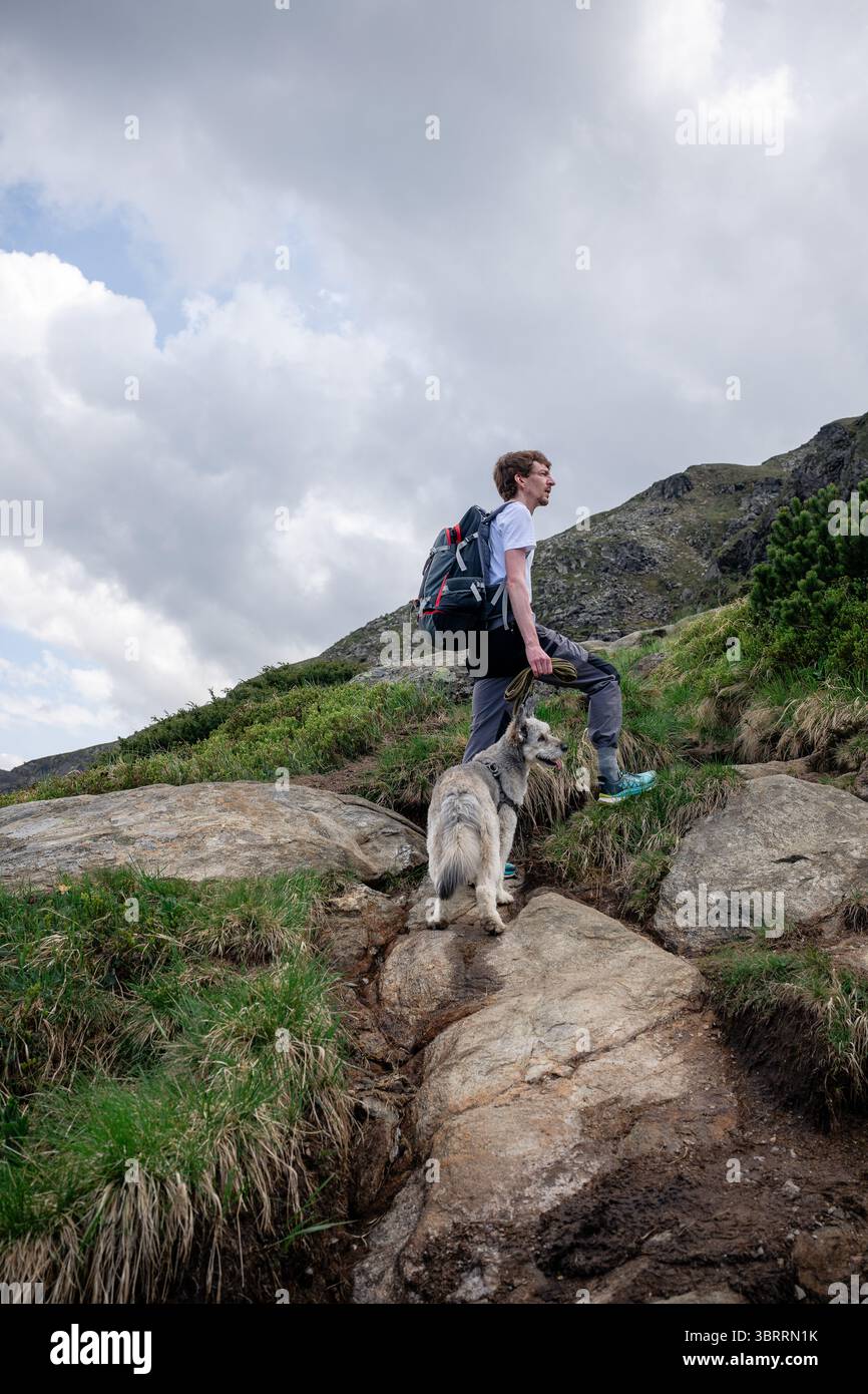 Homme et chien appréciant la vue sur la montagne dans les Alpes autrichiennes Banque D'Images