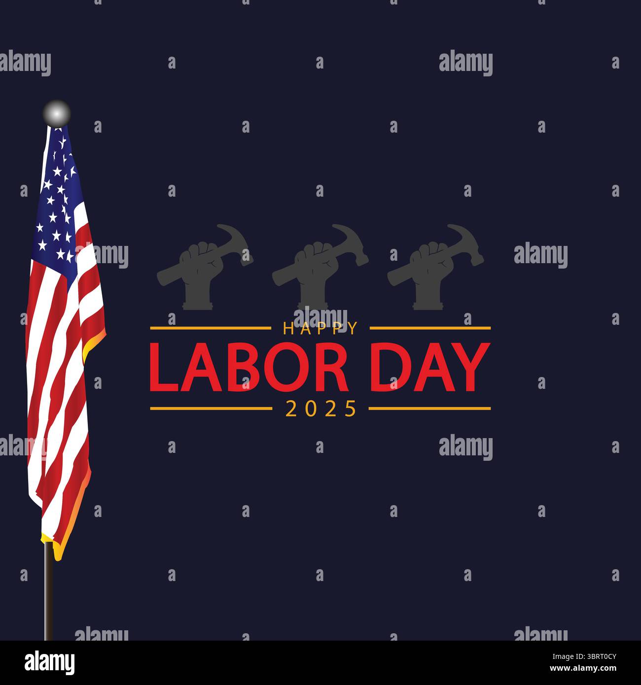 Affiche de fête du travail audacieuse avec drapeau et travailleur sur fond sombre Illustration de Vecteur