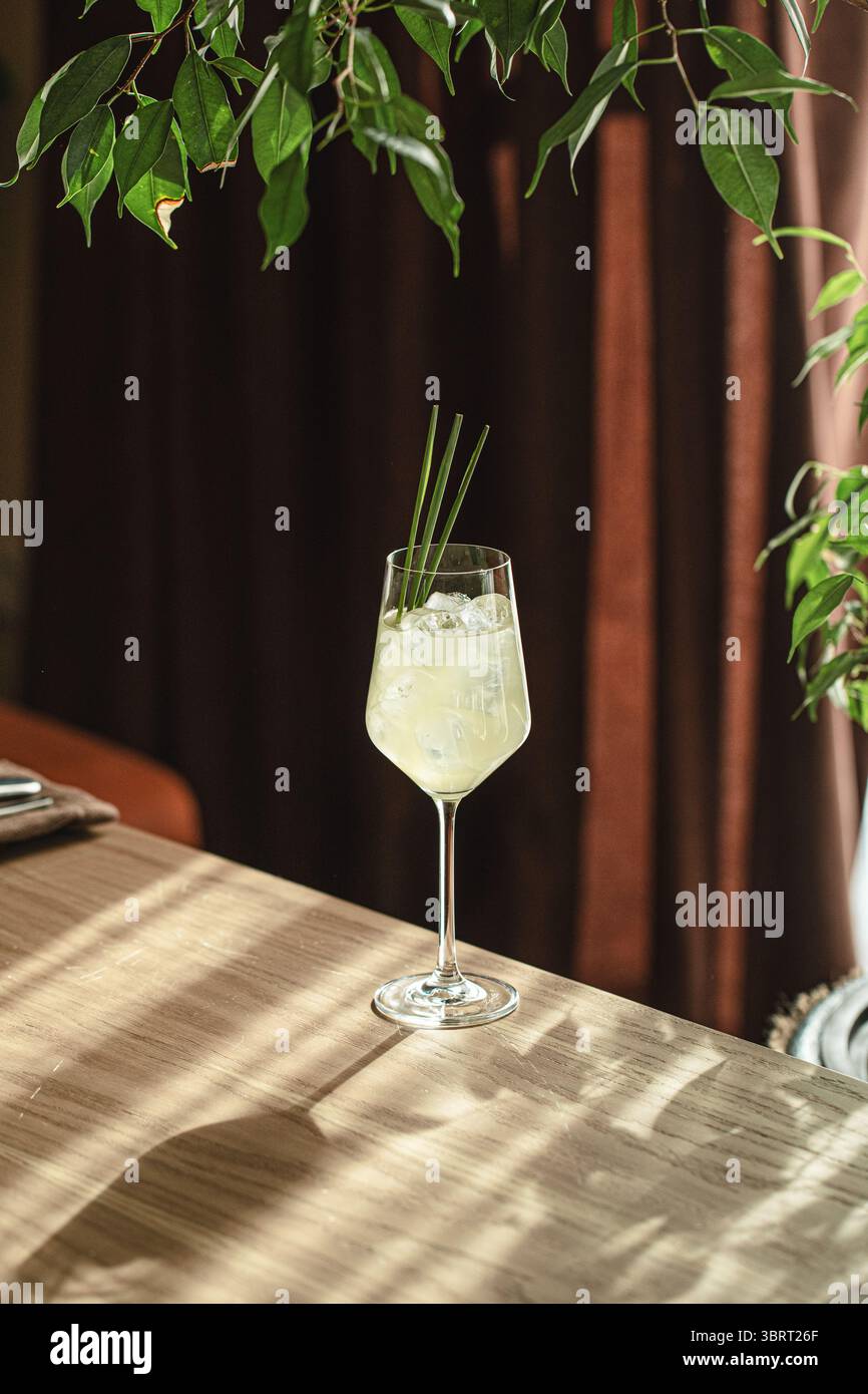 Cocktail élégant avec citronnelle dans un verre à vin Banque D'Images