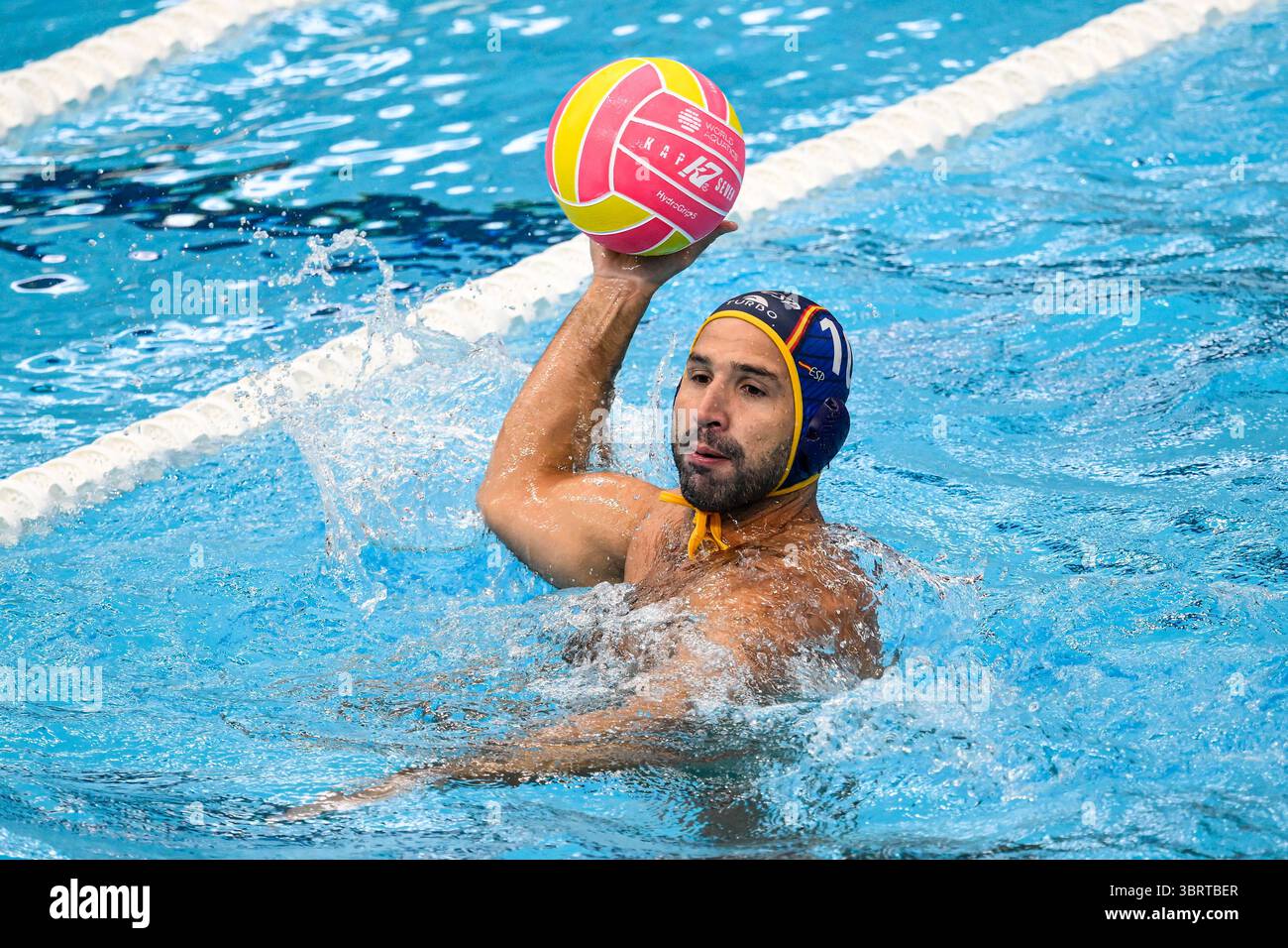 Singapour, Singapour. 14 juillet 2025. Felipe Perrone Rocha, d’Espagne, lors du match de water-polo entre l’Australie et l’Espagne lors des 22es Championnats du monde de natation à Sentosa à Singapour (Singapour), le 14 juillet 2025. Crédit : Insidefoto/Alamy Live News Banque D'Images