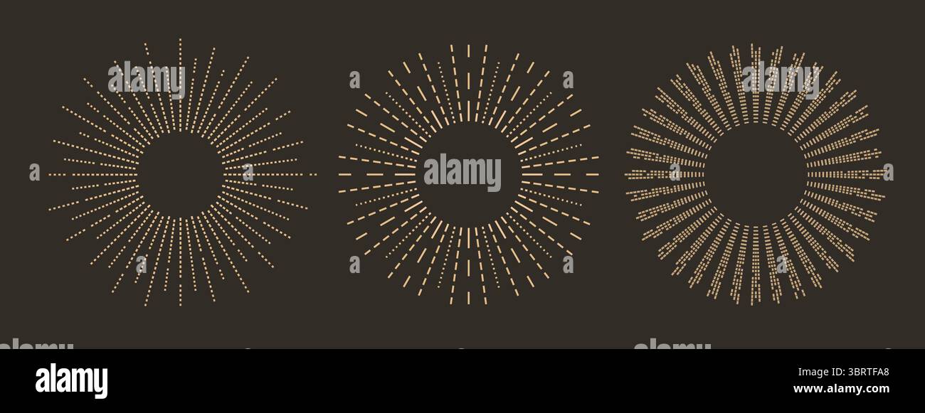 Soleil scintillant d'or linéaire, soleil, rayon de soleil, feu d'artifice, étoile. Formes rondes de vecteur vintage bohème à la mode, symbole d'explosion. Illustration de Vecteur