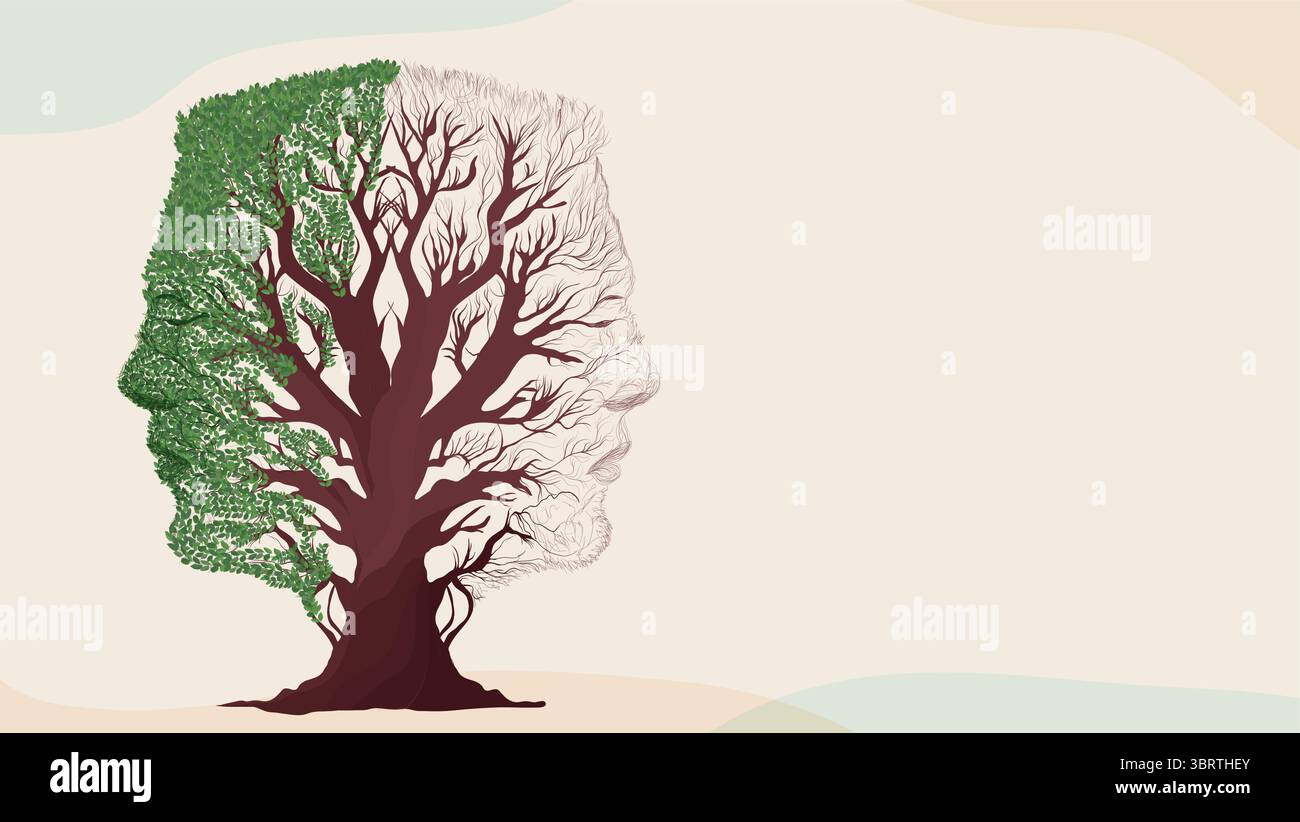 Concept de trouble bipolaire. Arbre à visage humain à moitié vert et sec montrant un contraste de santé mentale. Bannière Illustration de Vecteur
