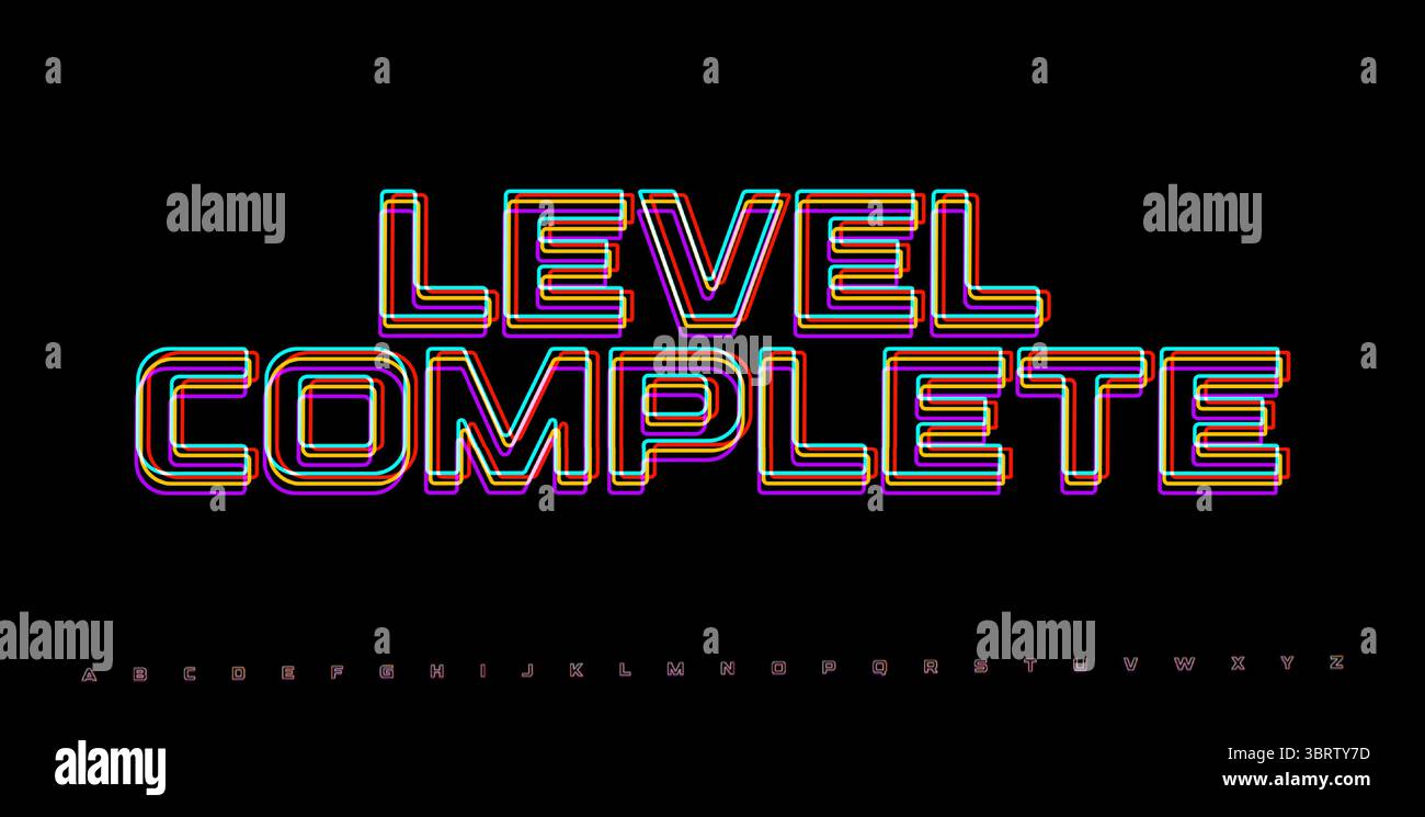 NIVEAU COMPLET mot RVB glitched. Bannière de style arcade cyberpunk pour interface de jeu, écran de succès ou design pixel art. Illustration vectorielle. Illustration de Vecteur