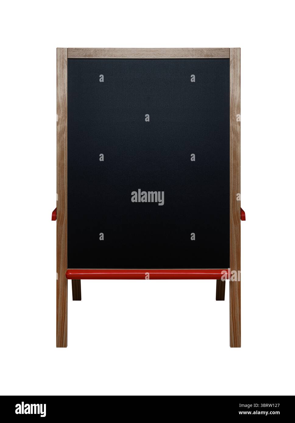 Tableau noir de cadre en bois sur un support avec des accents rouges Banque D'Images