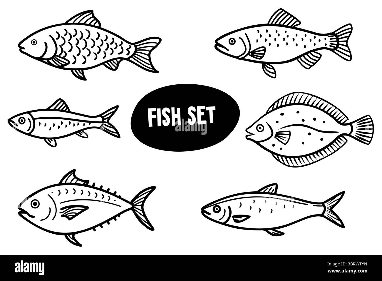 Une collection d'illustrations de poissons dessinées à la main. Diverses espèces sont représentées, dont un flet et une carpe. Le style est simple et monochrome. Illustration de Vecteur