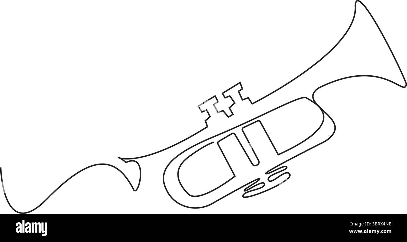 Dessin d'une ligne de conception de trompette. Instrument de musique classique. Style simple de contour continu, un dessin simple ligne de trombone basse de luxe. Vent Illustration de Vecteur