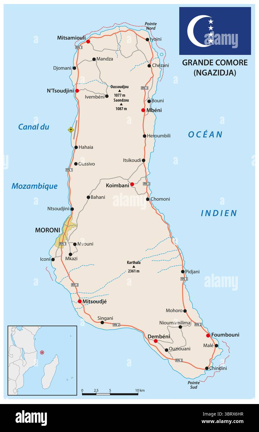 Carte routière de Grande Comore Island, Comores Banque D'Images