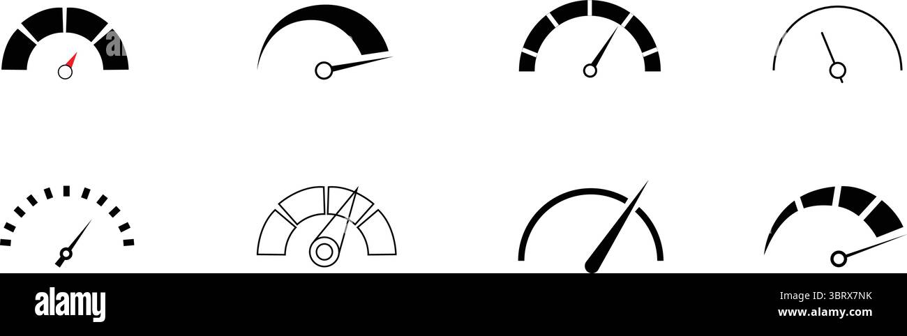 Jeu d'icônes de compteur de vitesse et de manomètre – ensemble des indicateurs de compteur, de régime, de carburant, de pression, de température et de performance du tableau de bord Illustration de Vecteur