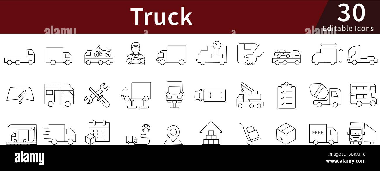 Ensemble d'icônes de ligne modifiables de camion pour la livraison, le transport, la cargaison et les concepts de véhicules logistiques Illustration de Vecteur