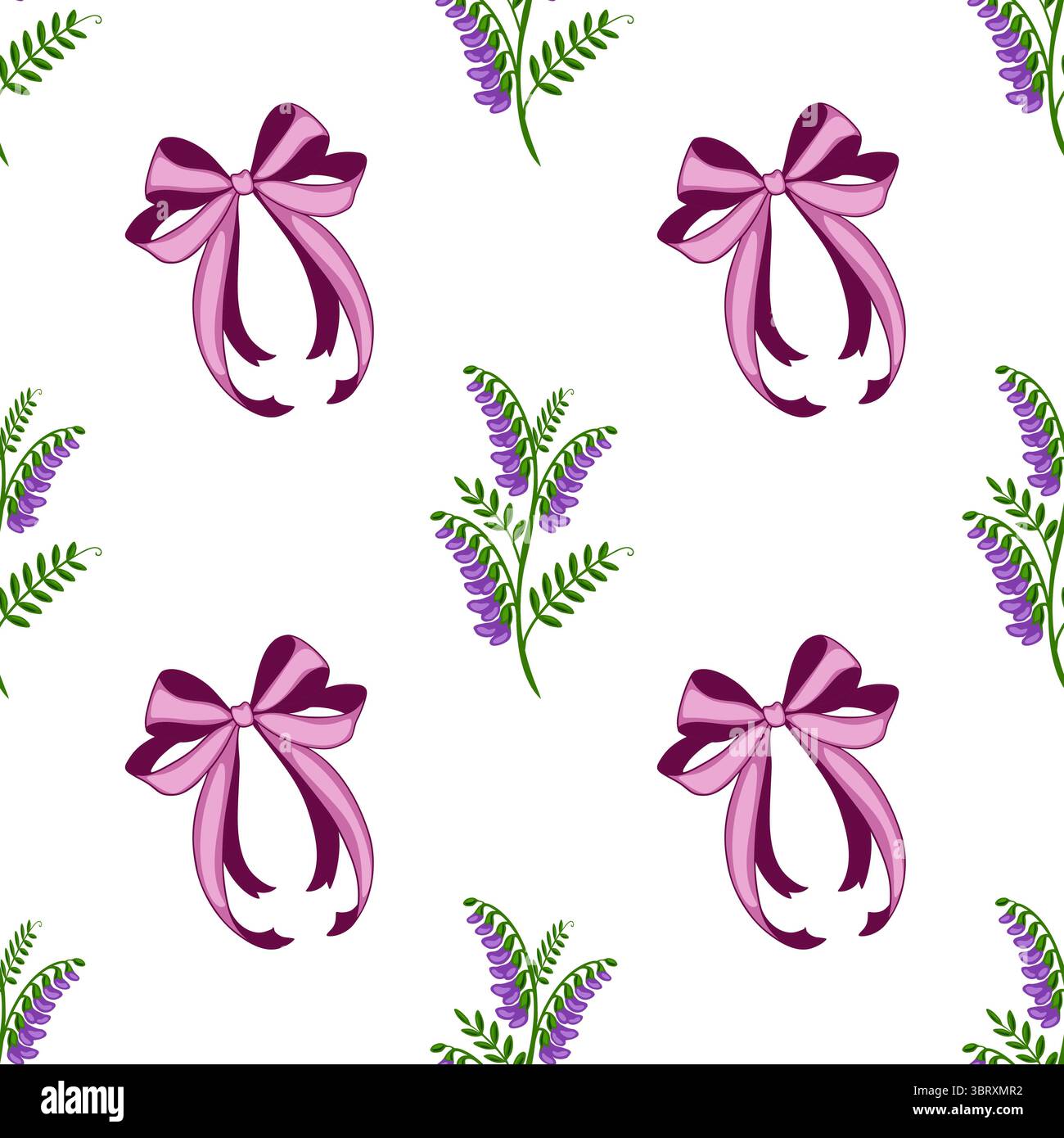 Motif vectoriel sans couture avec de délicates fleurs de vesce tuftée violettes et des noeuds roses élégants sur un fond blanc éclatant, créant un charme et un sop Illustration de Vecteur