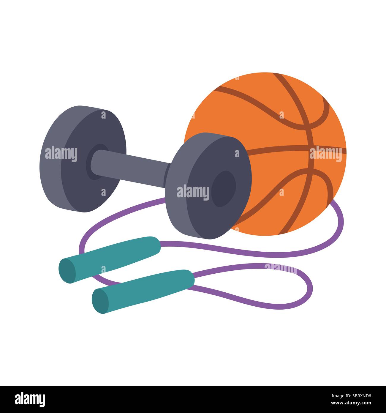 Un ensemble d'articles de sport comprenant un haltère de basket-ball et une corde à sauter parfait pour illustrer l'activité physique et un mode de vie sain. Illustration de Vecteur