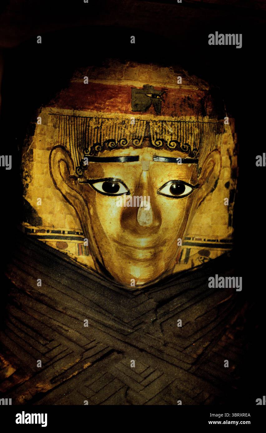 Mummy Head, les momies des périodes ptolémaïque et romaine primitive en Égypte (332-100 av. J.-C.) sont connues pour leurs pratiques funéraires élaborées, y compris des masques de cartonnage détaillés et des portraits peints, reflétant un mélange de styles égyptien et grec / romain. , Musée égyptien, Égypte Banque D'Images
