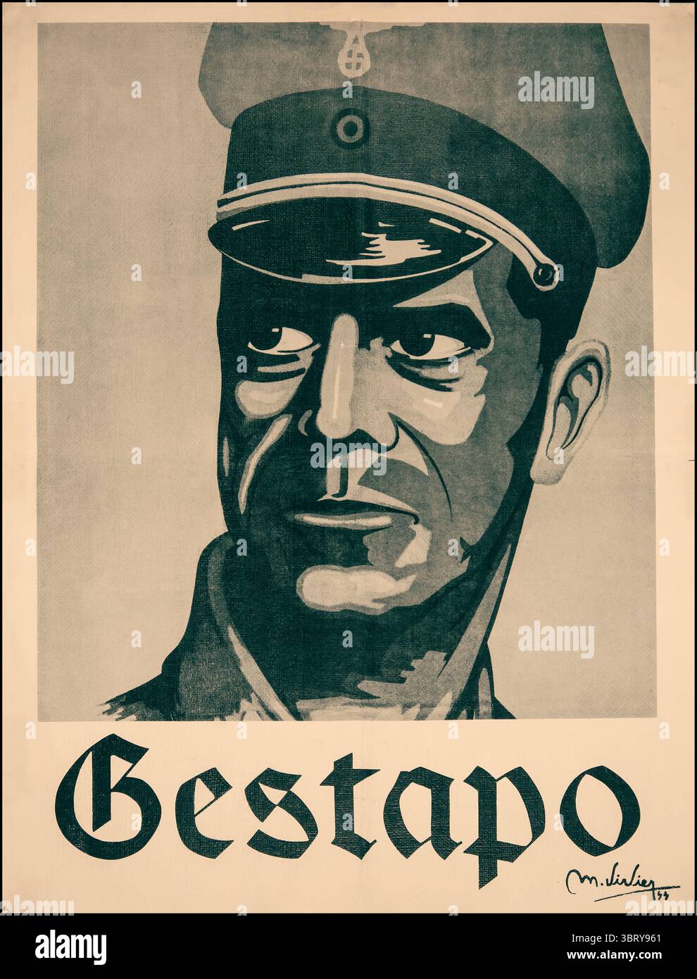 Officier de la Gestapo nazie en uniforme, avec la légende 'GESTAPO', signée 'M. Sirlier SS' dans le coin inférieur droit. Images d'art de propagande nazie.. Banque D'Images