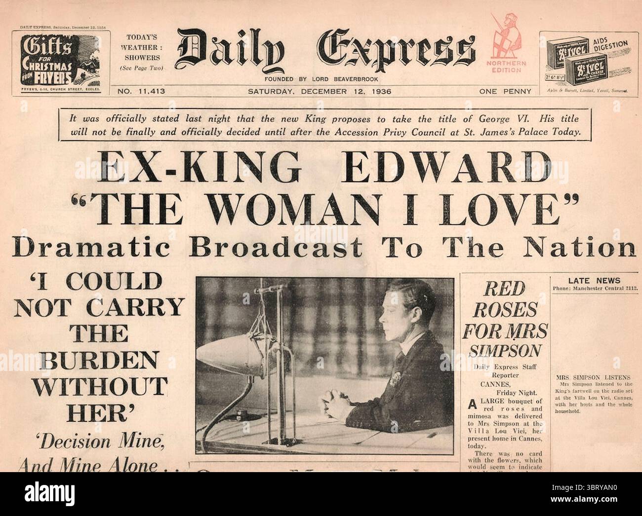 ABDICATION Daily Express page d'accueil, datée de décembre 1936, avec le titre « ex-KING EDWARD 'THE WOMAN I LOVE' Dramatic Broadcast to the Nation ». Ce titre fait référence au discours d'abdication du roi Édouard VIII, prononcé le 11 décembre 1936, dans lequel il annonce sa décision d'abdiquer le trône pour épouser Wallis Simpson, un divorcé américain. La phrase « la femme que j'aime » est une citation directe de son émission, expliquant son incapacité à continuer en tant que roi « sans l'aide et le soutien de la femme que j'aime ». Londres Royaume-Uni 1936 Banque D'Images