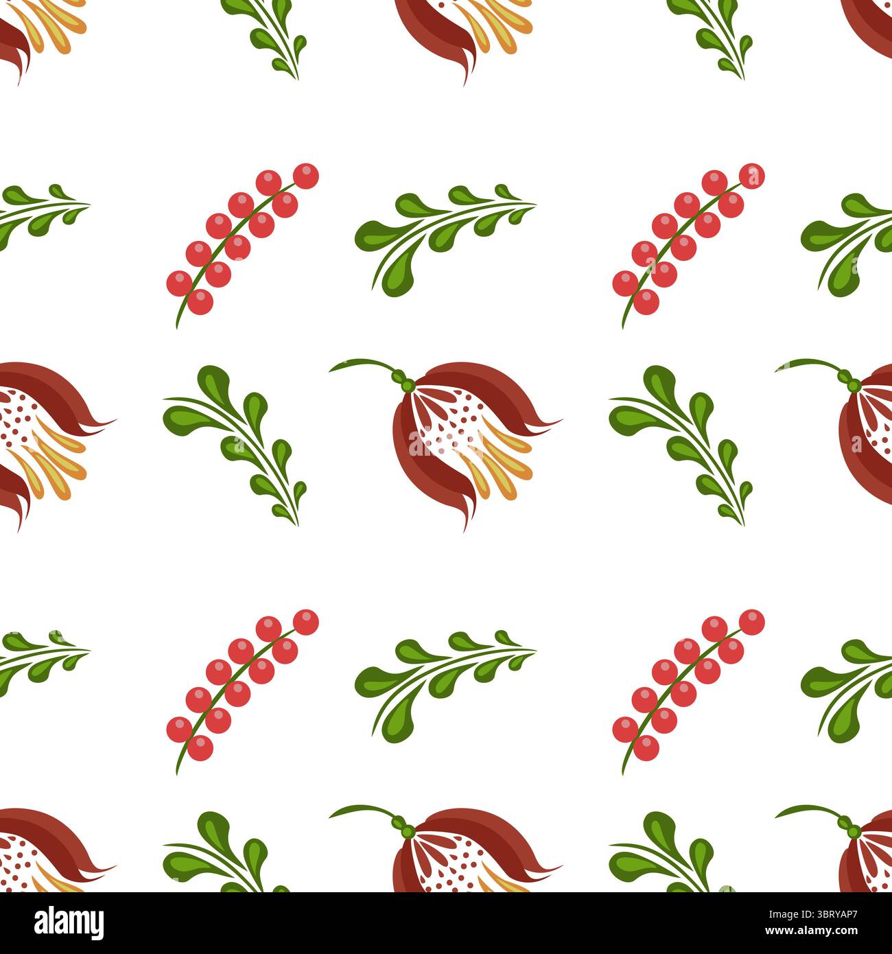 Un motif vectoriel d'art folklorique sans couture avec des éléments floraux stylisés, y compris des baies rouges, des feuilles vertes et des formes florales uniques dans des tons de rouge Illustration de Vecteur