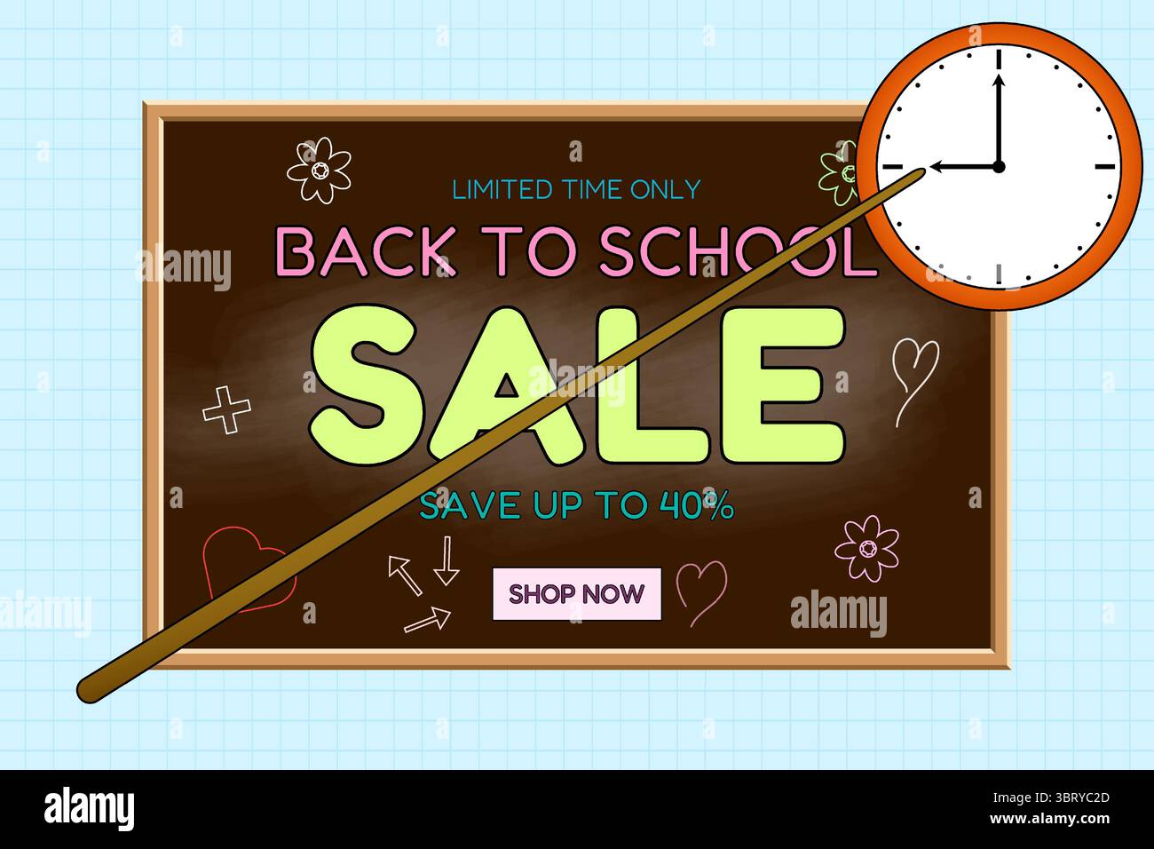 Affiche de vente de retour à l'école avec tableau noir brun et pointeur de classe pointant vers une horloge murale sur fond graphique. Symbole le prochain début de scho Illustration de Vecteur