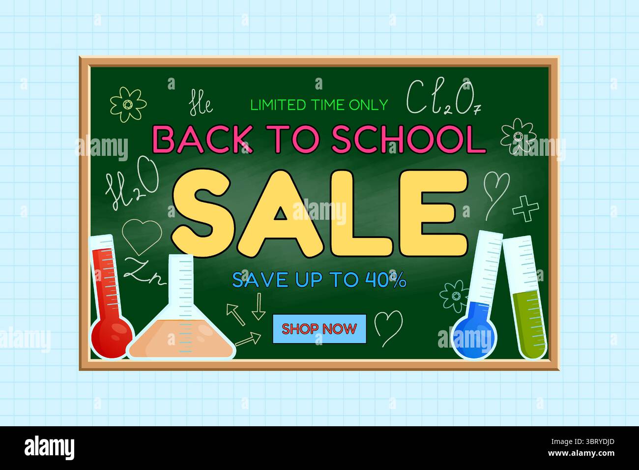 Bannière de vente de retour à l'école avec tableau vert, équipement de laboratoire, formules chimiques et message de réduction sur fond graphique. Pour les promotions saisonnières, s Illustration de Vecteur