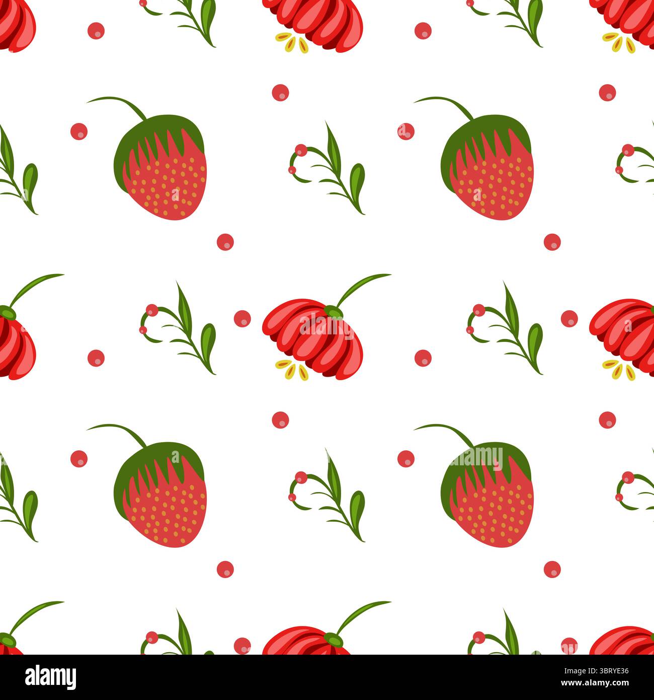 Un motif vectoriel d'art folklorique sans couture avec des fraises rouges, des fleurs rouges et des feuilles vertes sur un fond blanc. Le design est ludique et vibrant, Illustration de Vecteur