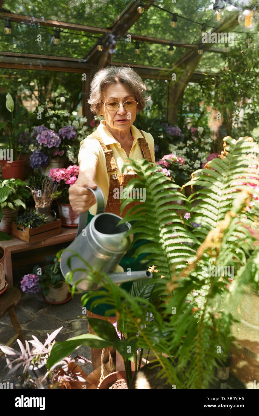Belle femme senior arrosant soigneusement les plantes vibrantes dans son espace de jardin enchanteur. Banque D'Images