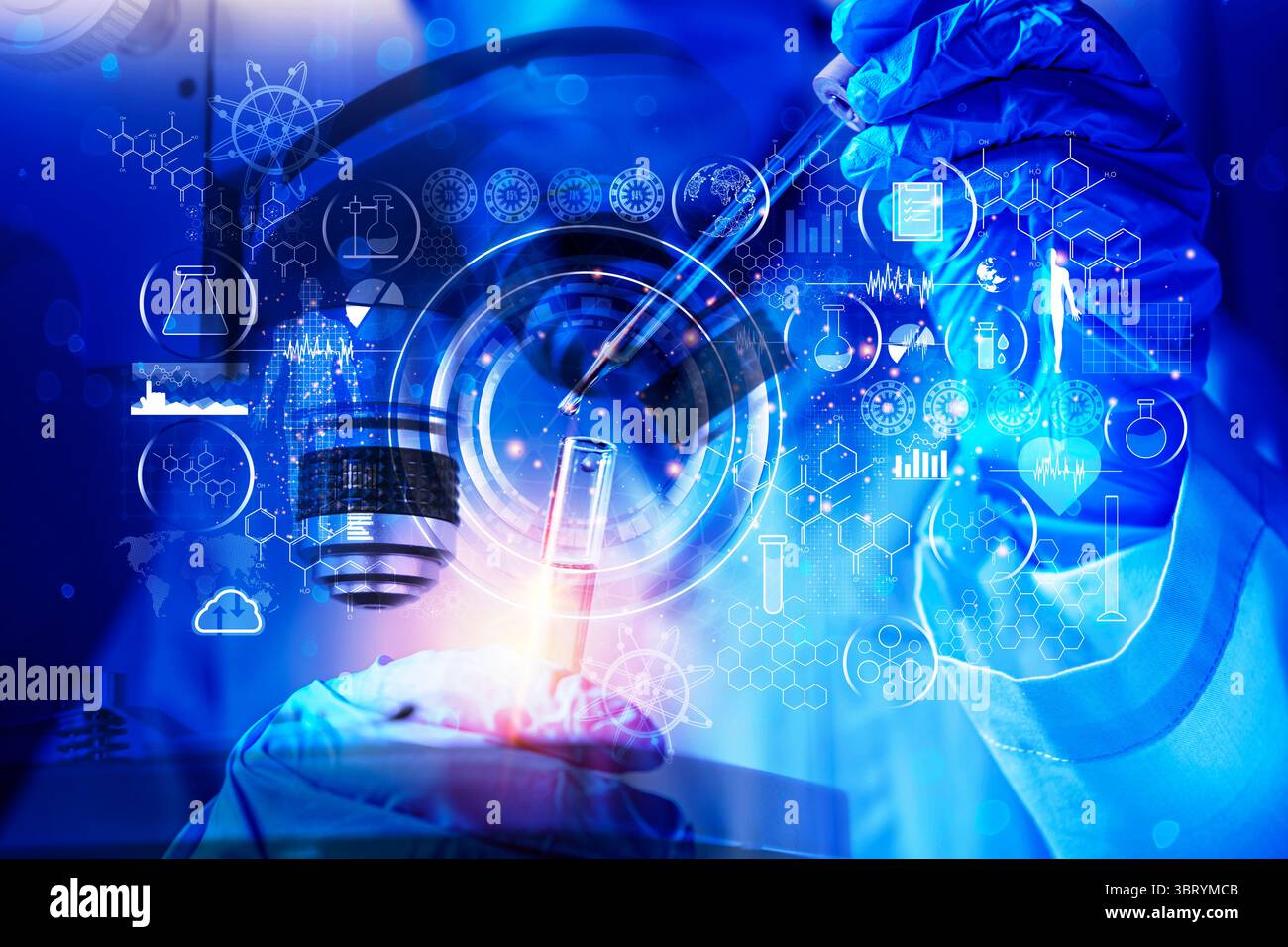 Scène de recherche futuriste en laboratoire avec superposition d'icônes de science numérique et scientifique travaillant sur l'innovation biotechnologique, la technologie médicale avancée Banque D'Images