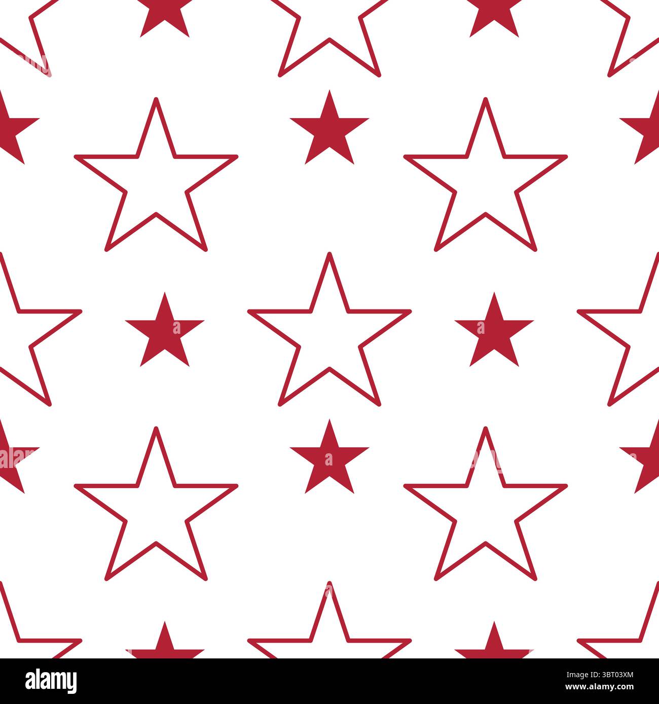 Un motif vectoriel sans couture avec des étoiles rouges encadrées sur un fond blanc. Le design alterne entre des étoiles à cinq branches et des formes d'étoiles, créati Illustration de Vecteur