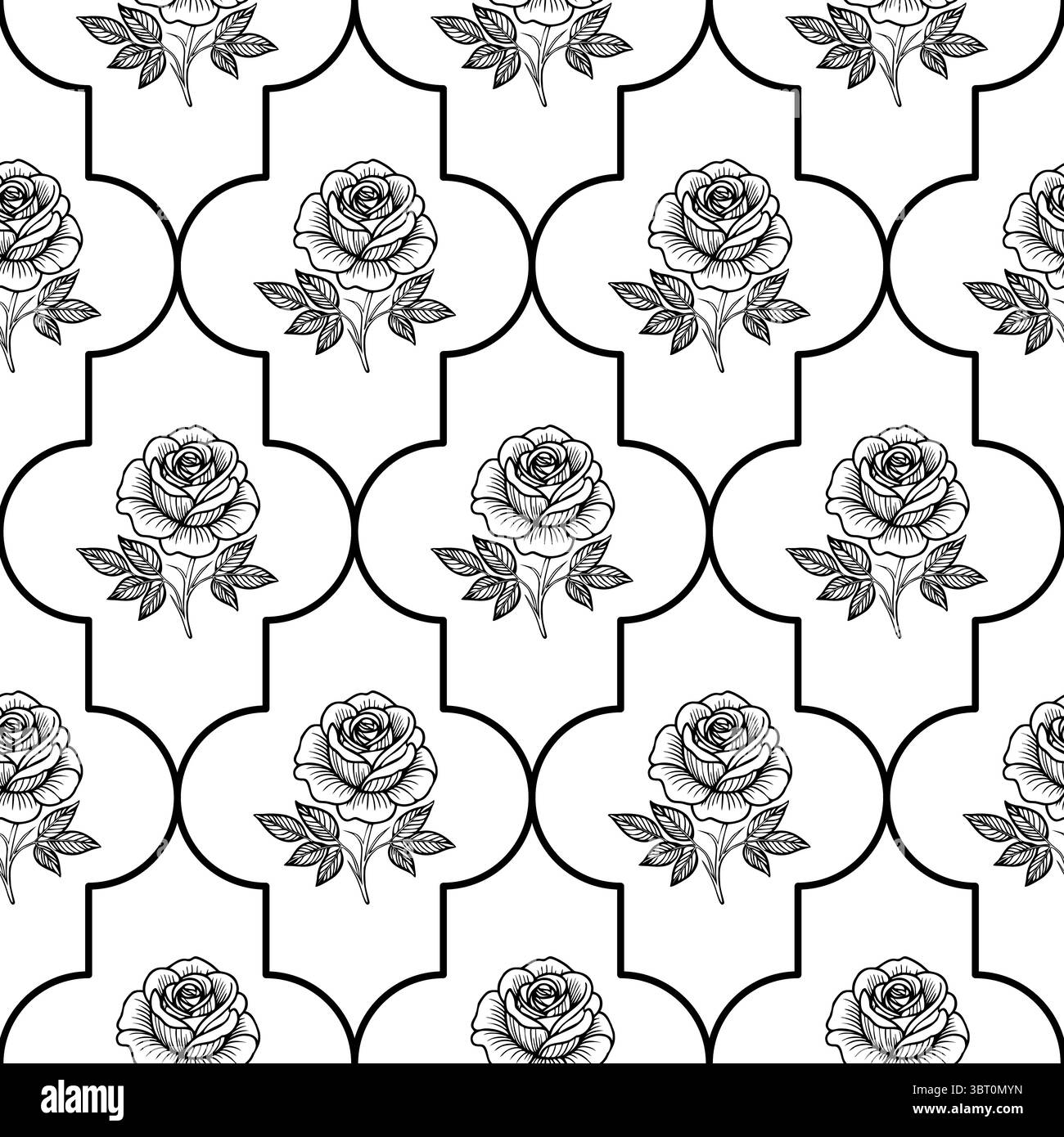 Un motif vectoriel sans couture avec des roses d'art de ligne noire avec des feuilles sur un fond blanc, disposées dans une disposition géométrique. Illustration de Vecteur