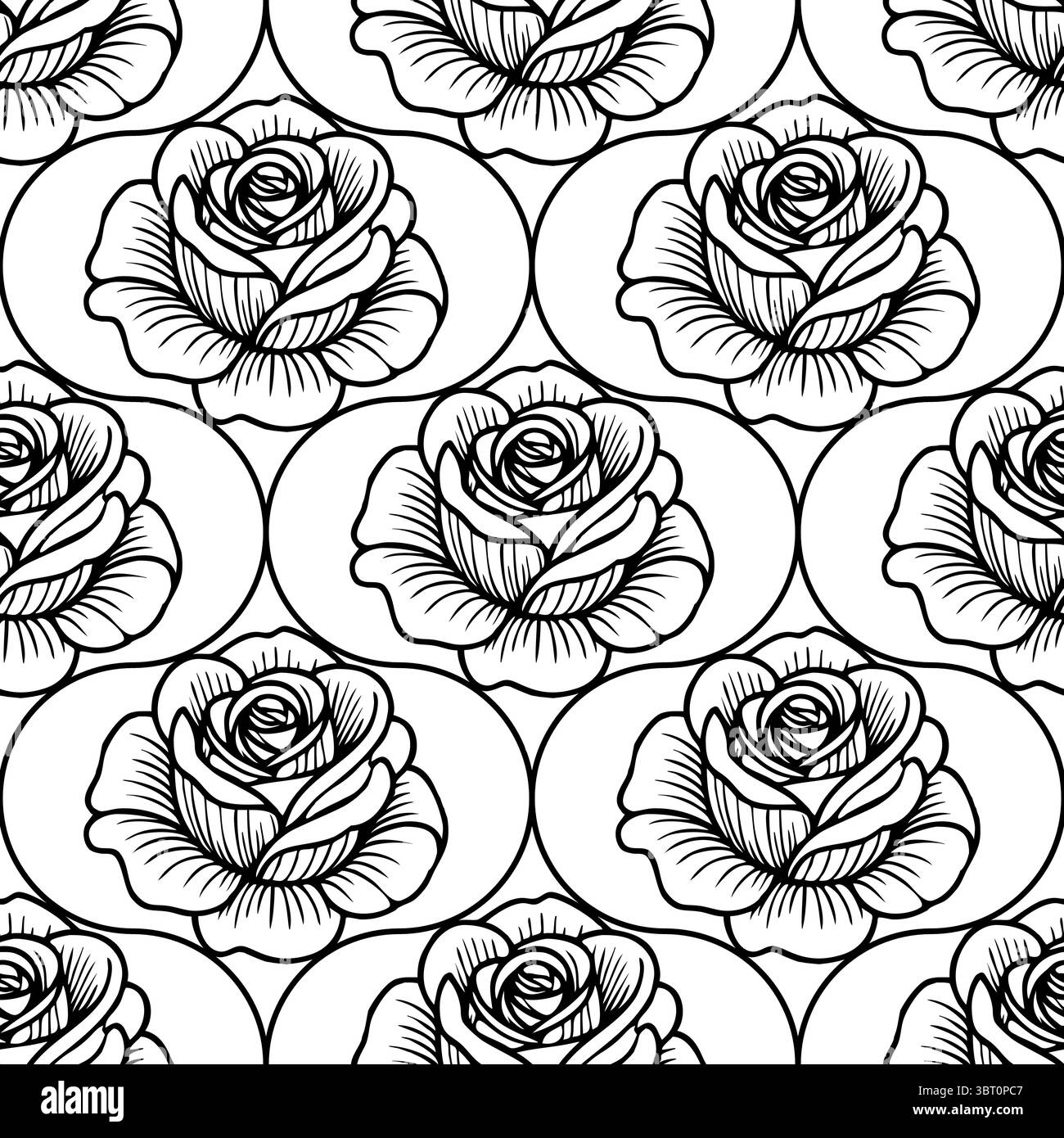 Un motif vectoriel sans couture avec des roses dessinées de façon complexe en noir et blanc. Chaque rose est placée dans une forme ovale, créant une répétition florale Illustration de Vecteur