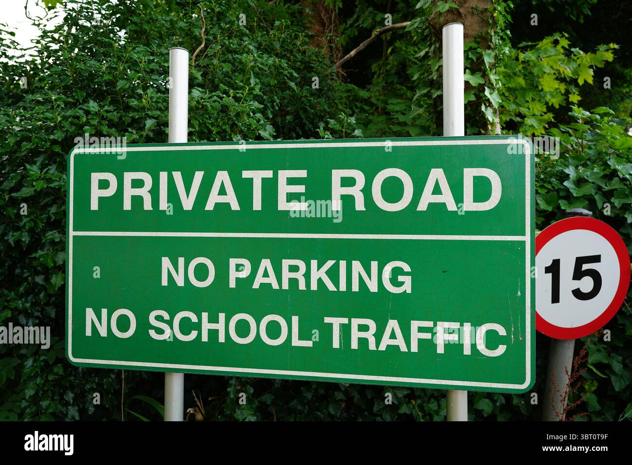 Panneau routier privé et panneau de rue parmi le feuillage vert luxuriant. Dorking, Angleterre Banque D'Images