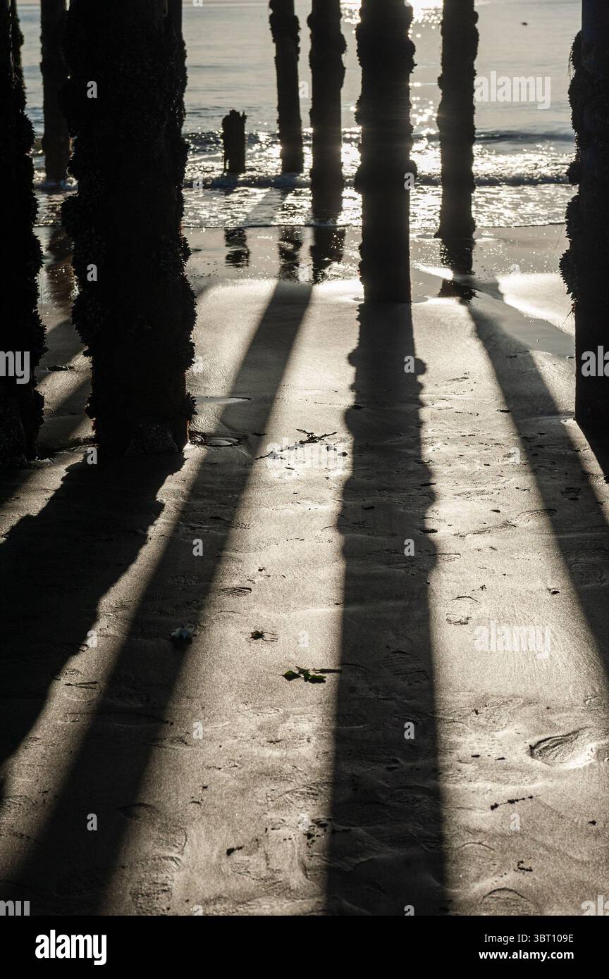 Plan extérieur de la structure de support en bois qui porte le quai Sea Cliff près d'Aptos, Californie. Banque D'Images