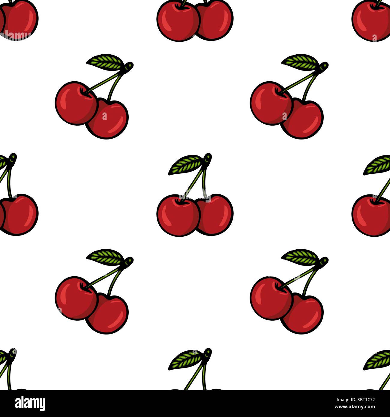 Un motif vectoriel sans couture avec des cerises rouges avec des feuilles vertes sur un fond blanc. Les cerises sont représentées par paires, mettant en valeur leur éclat Illustration de Vecteur
