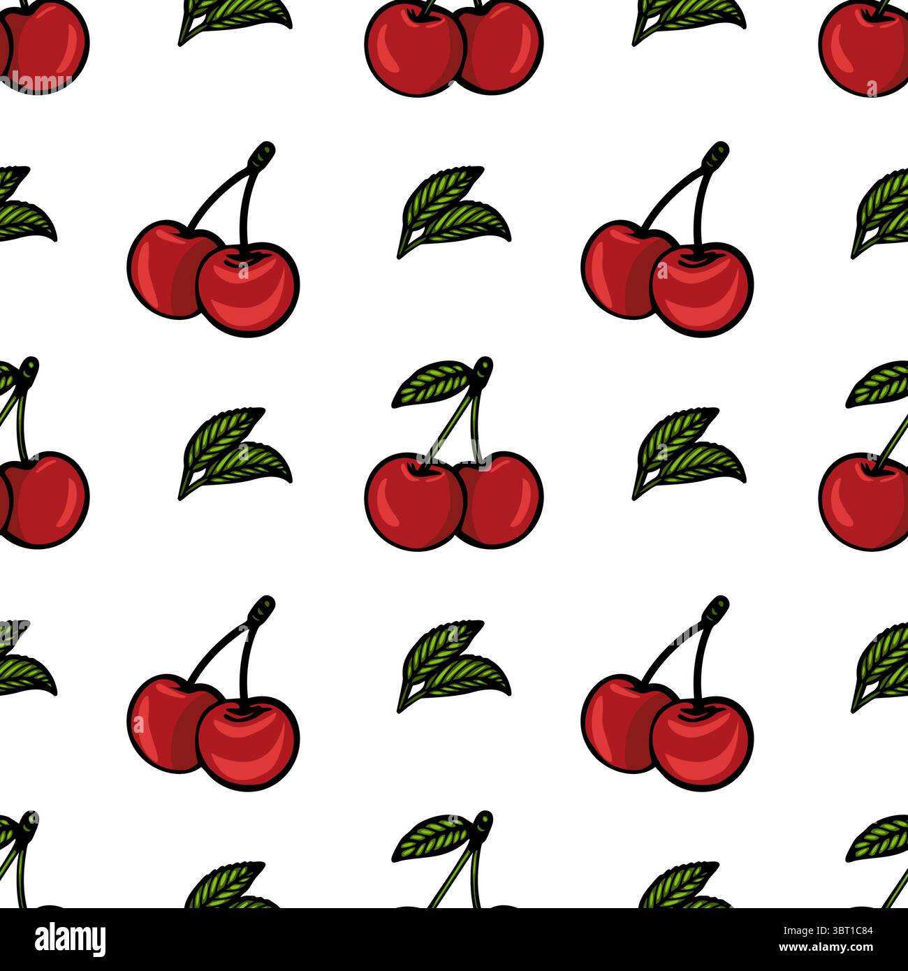 Un motif vectoriel sans couture avec des cerises rouges et des feuilles vertes sur un fond blanc. Les cerises sont représentées dans différentes orientations, créant un Illustration de Vecteur