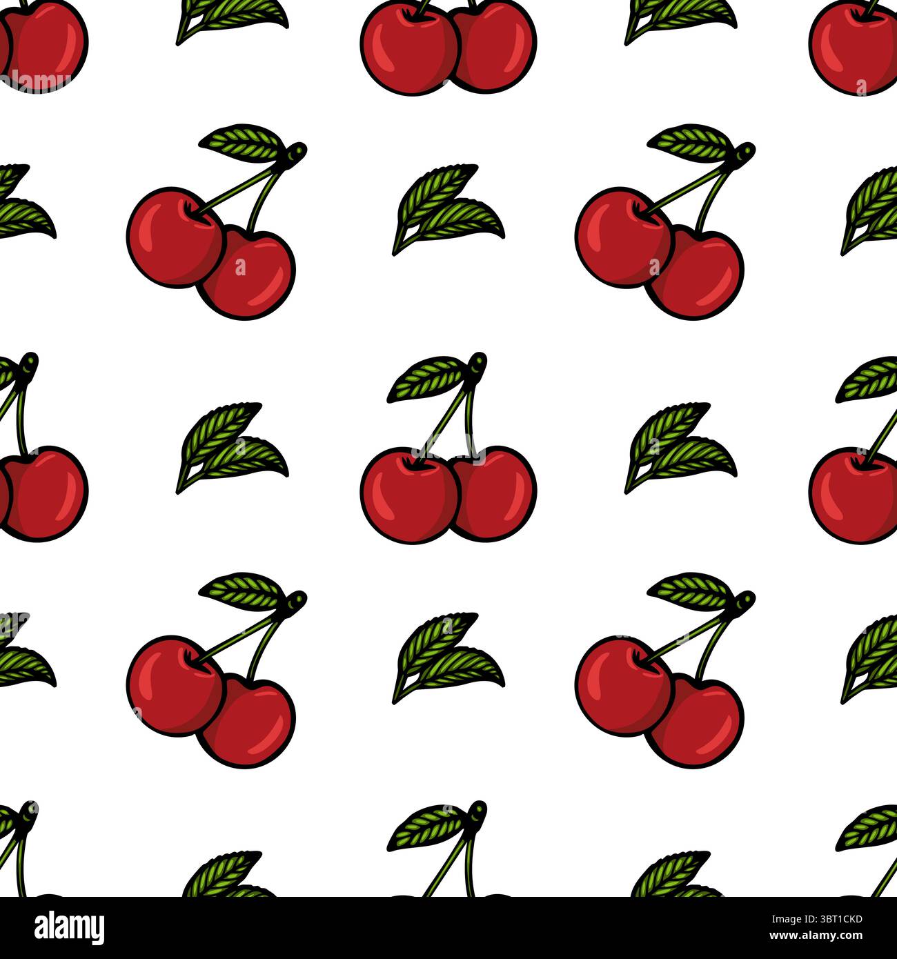 Un motif vectoriel sans couture avec des cerises rouges avec des feuilles vertes sur un fond blanc. Les cerises sont représentées dans diverses orientations, créant Illustration de Vecteur