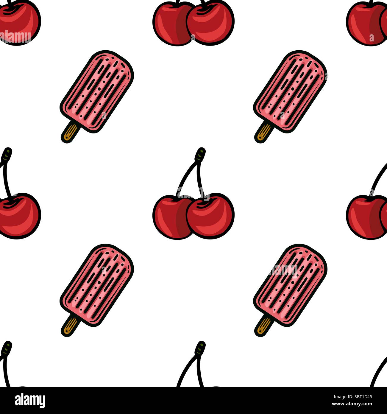 Un motif vectoriel sans couture avec popsicles et cerises sur un fond blanc. Les popsicles sont roses avec un bâton de bois, et les cerises sont bri Illustration de Vecteur