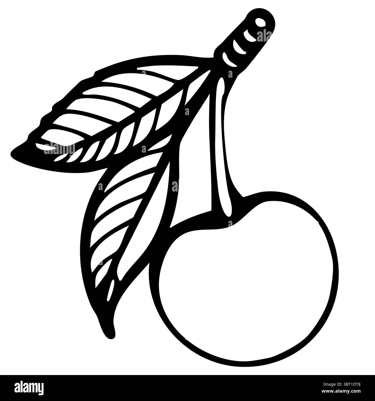 Illustration vectorielle simple en noir et blanc d'un fruit avec deux feuilles attachées à sa tige. Illustration de Vecteur