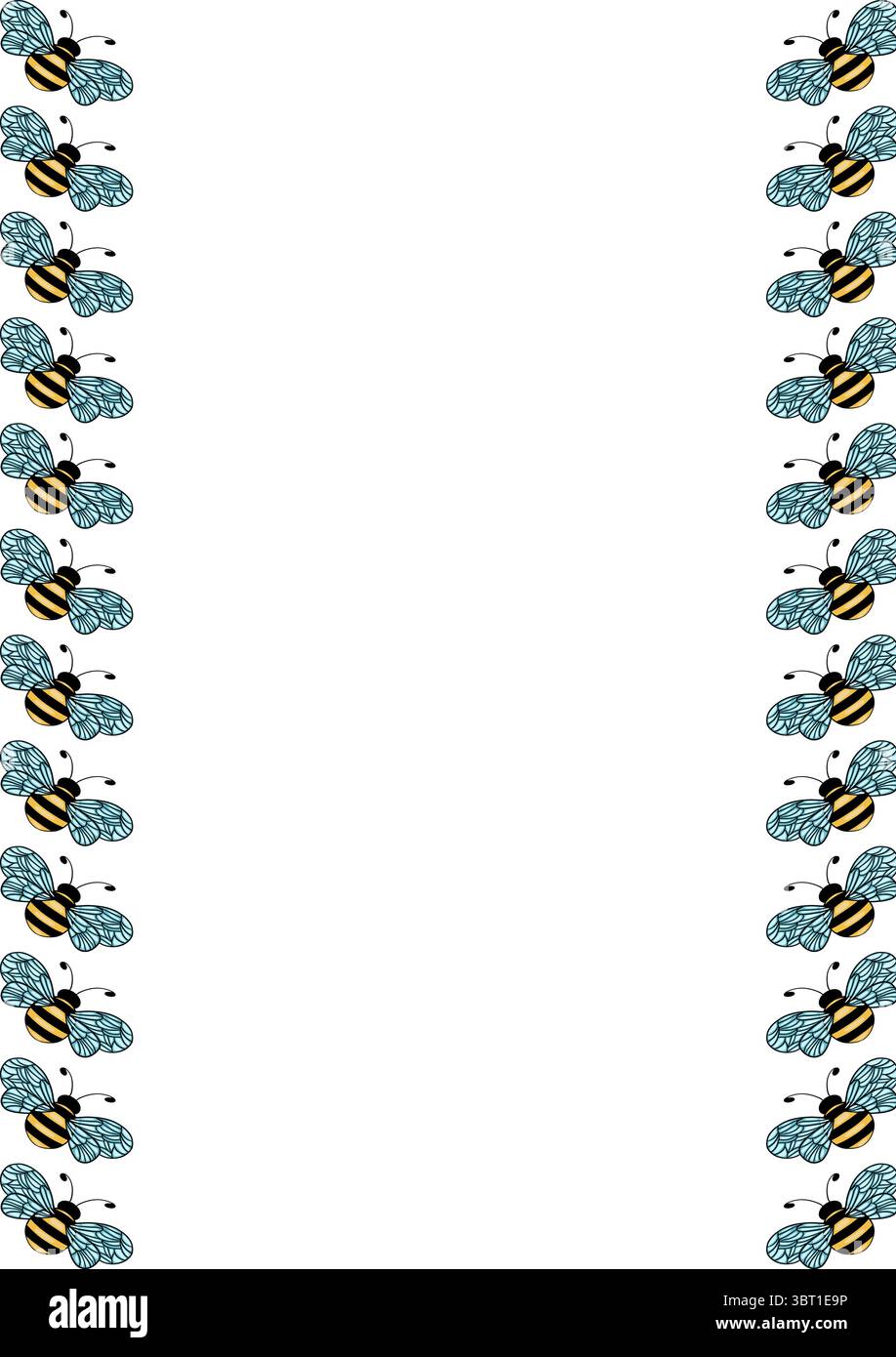 Une bordure décorative vectorielle représentant des abeilles illustrées avec des ailes bleues et des bandes jaunes, disposées verticalement des deux côtés d'un espace blanc vierge. Illustration de Vecteur