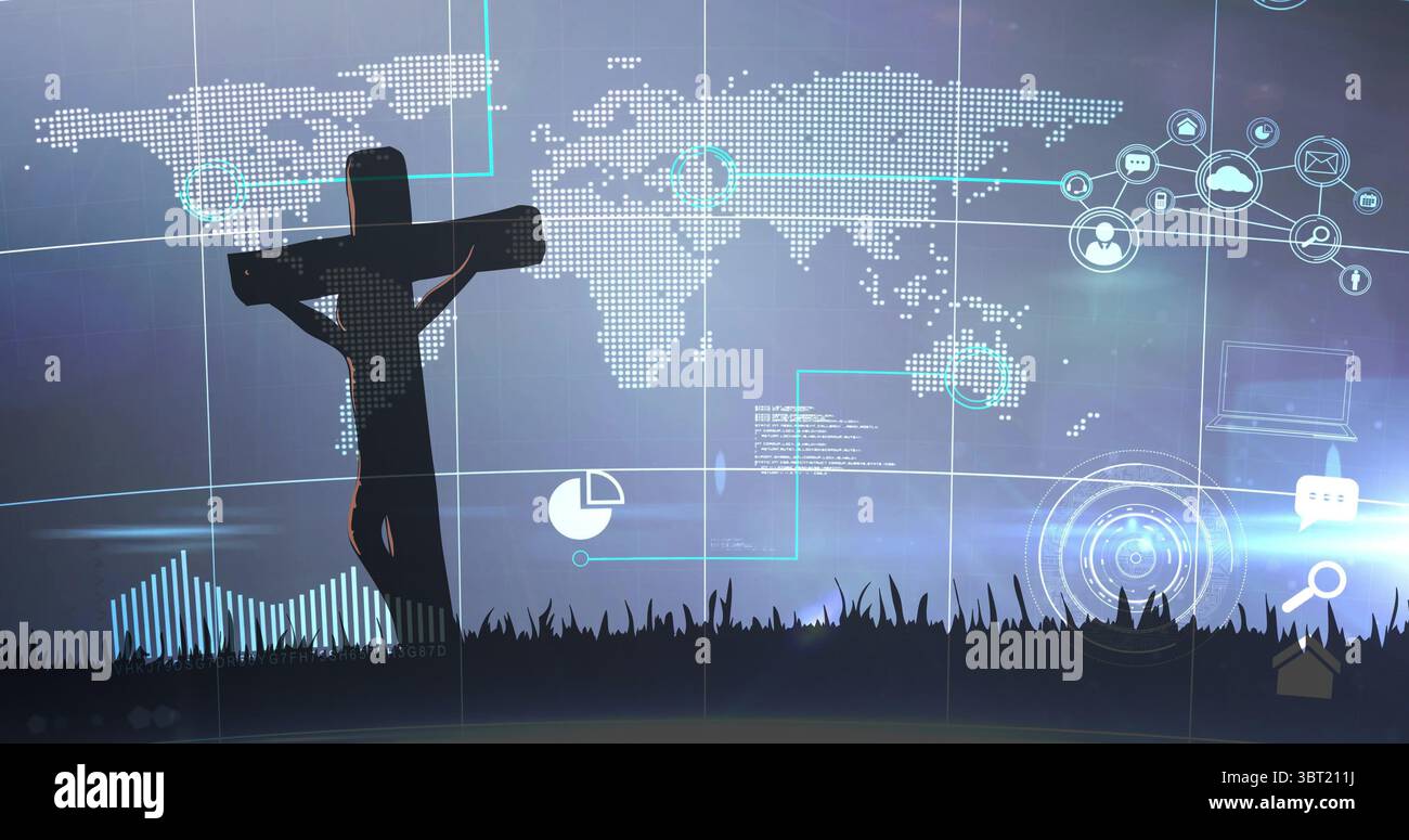 Montrant silhouette crucifix projetant des cartes dans le champ, avec grille de carte du monde en pointillés, espace de copie Banque D'Images