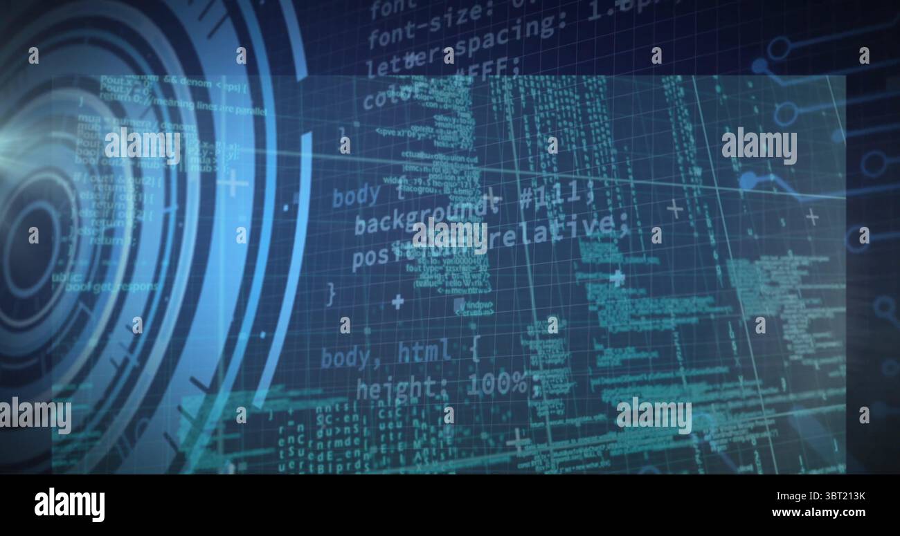 Affichage du panneau de code affichant des extraits HTML CSS sur une grille filaire, avec affichage tête haute circulaire et lignes de balayage Banque D'Images