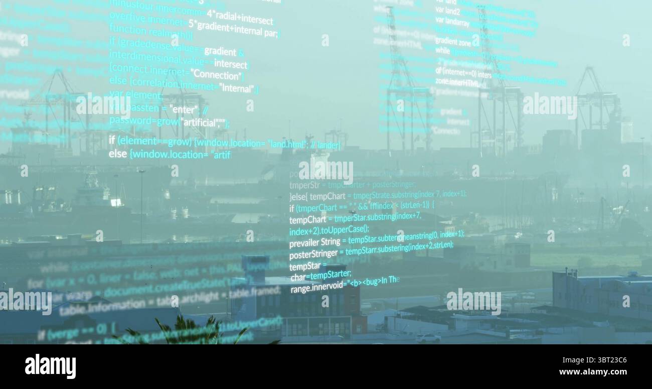 Affichage d'une rangée de grues à portique en acier bordant le port de fret, avec conteneurs empilés et recouvrement de code Banque D'Images