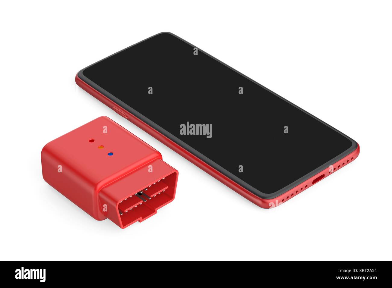 Smartphone rouge et dispositif de diagnostic de voiture sans fil OBD2 sur fond blanc Banque D'Images