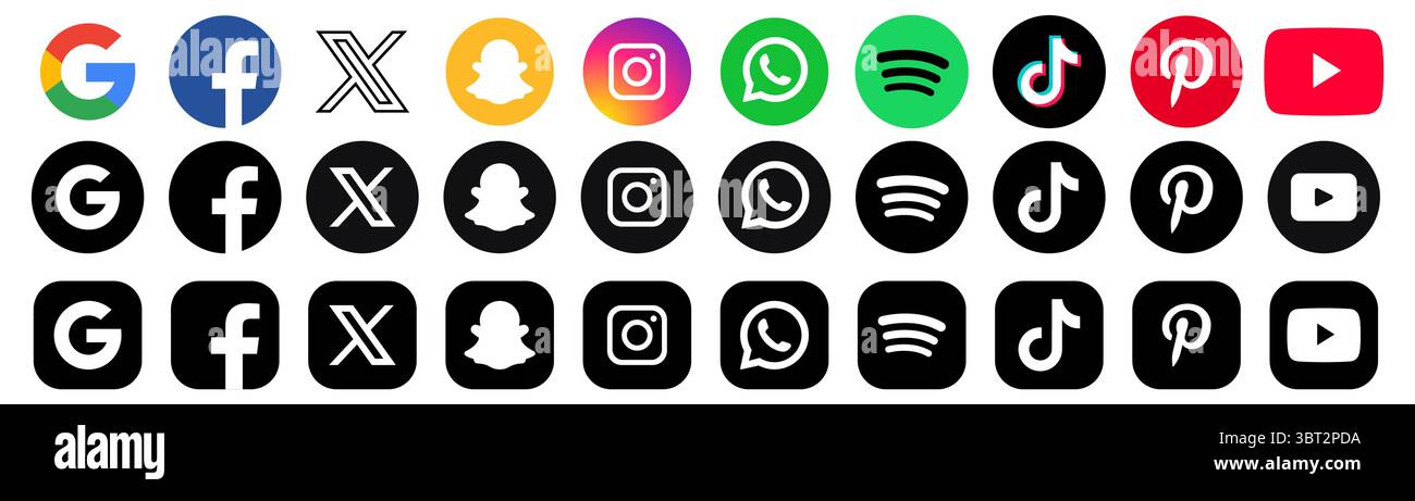 Ensemble des icônes de médias sociaux les plus populaires : Twitter, Youtube, Pinterest, Instagram, Facebook, , Google, Snapchat, et plus juillet 10 Ukraine Dnipro Illustration de Vecteur